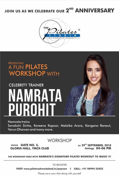 Ahmedabad!! Here’s some Good News for you! 💃🏻

A fun #Pilates workshop with the #OriginalPilatesGirl & #CelebrityTrainer - NamrataPurohit at the YMCA Club between 4pm - 6pm on the 29th of September’18. 

Get your tickets NOW on - http://pilatesahmedabad.in/paynow/

Hoping to see you all soon. 
Let’s #TrainSmart 😁💪🏼

Contact us for queries on: 9099433422/07940040991
www.pilatesaltitude.com
