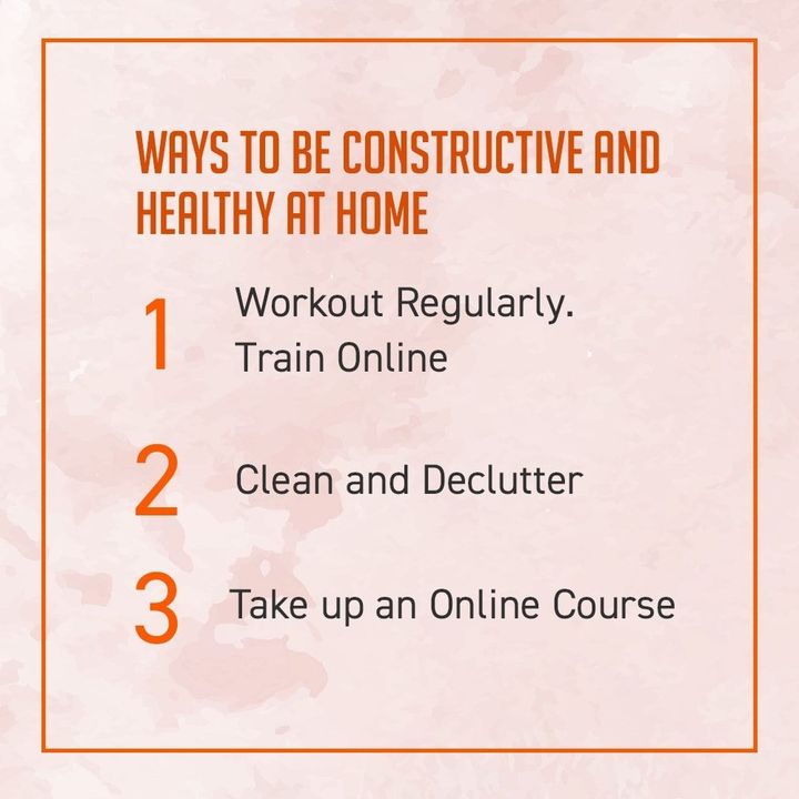 Being on lockdown doesn't have to be boring, not if you keep yourself occupied. From learning a language to organising your wardrobe, updating your CV to writing a novel, there are plenty of productive things you can take up to pass the time - why not start right now?
.
.
Here are 6 ways to be constructive and Healthy at Home:
1 - Workout Regularly.Train Online
2 - Clean and Declutter
3 - Take up an Online Course 
4 - Meditate
5 - Read a Book
6 - Cook and Eat Healthy Meals
.
.
.
.
.
. 
#Pilates #PilatesCommunity #Fitness #FitnessEnthusiasts #HealthTips #EatHealthy #Stretch #WorkOut  #Graceful #Relax #FitnessMotivation #InstaFit  #Fitspo 
#ThePilatesStudio #Strength  #PilatesGirl  #WorkoutMotivation #fitness #Exercise
#WorkoutFromHome #WorkoutAtHome  #strong