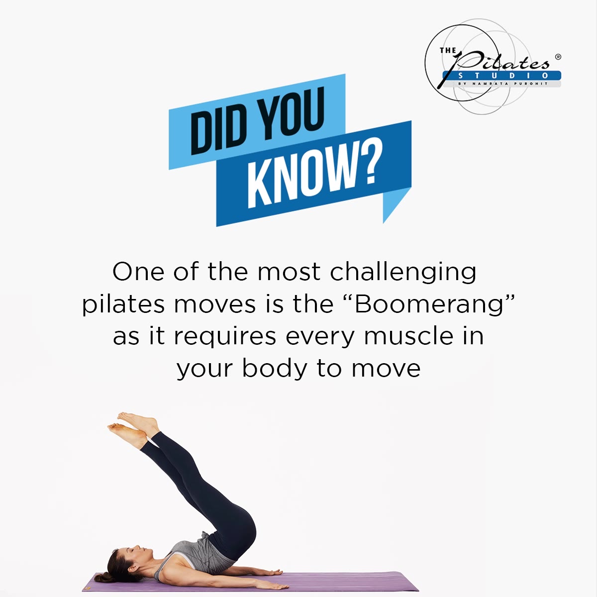 #DidYouKnow: Boomerang is an advanced Pilates mat exercise that comes near the end of the classical Pilates mat sequence. It is an opportunity to put many skills together in one flowing sequence of moves. Teaser and roll over are part of this exercise, and it involves the kind of abdominal muscle control that you call on in other exercises such as rolling like a ball.

Be sure to have the choreography well in mind before you start. Breath and flow make the Pilates boomerang a joy near the end of your workout.
.
.
Dm us for queries.
www.pilatesaltitude.com
.
.
. 
#Pilates #PilatesCommunity #Fitness #FitnessEnthusiasts #HealthTips #EatHealthy #Stretch #WorkOut #ThePilatesStudio #Graceful #Relax #FitnessMotivation #InstaFit #StottPilates #FitnessStudio #Fitspo 
#ThePilatesStudio #Strength #pilates #PilatesGirl  #Workout #WorkoutMotivation #fitness #Exercise  #WorkoutChallenge