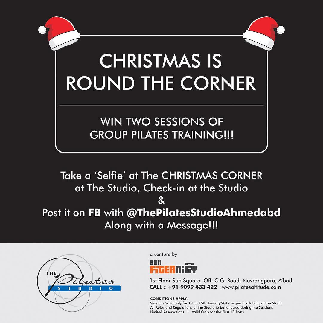 Get Fit this Christmas!!! All you have to do is - Just click a selfie at Christmas corner @thepilatesstudioahmedabad 
Post it in FB or Insta & Tag Us along with a message :) #pilatesonchristmas #santaselfie #freepilatesclasses #pilatesmakesushappy