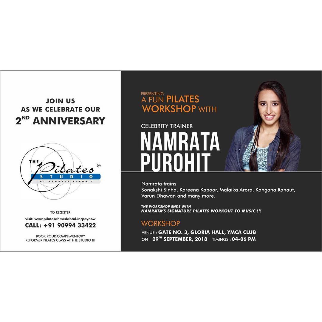 Ahmedabad!! Are you ready?!?💃🏻
.
.
Join us as we celebrate our 2nd anniversary! .
.
A fun #Pilates workshop with the #OriginalPilatesGirl & #CelebrityTrainer - @namratapurohit at the YMCA Club between 4pm - 6pm on the 29th of September’18. .
.
Get your tickets NOW - Link in the bio 👉🏻
.
.

Hoping to see you all soon. 
Let’s #TrainSmart 😁💪🏼
.
.
.
.
Contact us for queries on: 9099433422/07940040991
www.pilatesaltitude.com
.
.
. 
#Pilates #PilatesCommunity #Fitness #FitnessEnthusiasts #HealthTips #EatHealthy #Stretch #WorkOut #ThePilatesStudio #Graceful #Relax #FitnessMotivation #InstaFit #StottPilates #FitnessStudio #Fitspo 
#ThePilatesStudio #Strength #pilates #PilatesGirl  #Workout #WorkoutMotivation #fitness #Exercise
