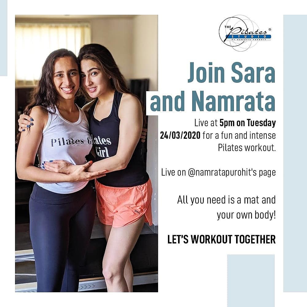 Live on @namratapurohit's page tomorrow at 5pm. ❤ 
Movement, specially right now is not only going to keep our bodies healthy and help us with our immunity but also keep us sane.

Join @saraalikhan95, @namratapurohit and us as we all workout together at our respective houses! 💪🏼💕
.
.
. 
#Pilates #PilatesCommunity #Fitness #FitnessEnthusiasts #HealthTips #EatHealthy #Stretch #WorkOut #ThePilatesStudio #Graceful #Relax #FitnessMotivation #InstaFit #StottPilates #FitnessStudio #Fitspo 
#ThePilatesStudio #Strength #pilates #PilatesGirl  #Workout #WorkoutMotivation #fitness #Exercise