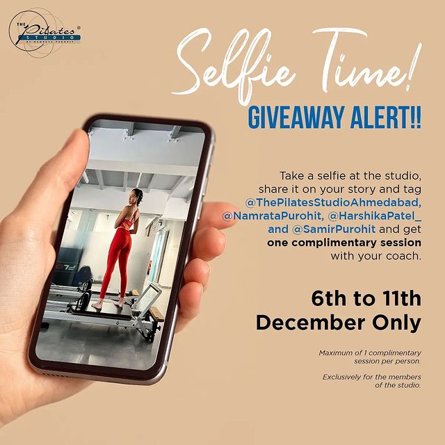 #SelfieTime: Participate in this giveaway contest and get featured on our page, @thepilatesstudioahmedabad ! 
Tag us on each of your posts. 
Are you ready ? Share your pictures/ videos with us 😍
.
.
Dm us for queries.
www.pilatesaltitude.com
.
.
. 
#Pilates #PilatesCommunity #Fitness #FitnessEnthusiasts #HealthTips #EatHealthy #Stretch #WorkOut #ThePilatesStudio #Graceful #Relax #FitnessMotivation #InstaFit #StottPilates #FitnessStudio #Fitspo 
#ThePilatesStudio #Strength #pilates #PilatesGirl  #Workout #WorkoutMotivation #fitness #Exercise #Challenge #WorkoutChallenge