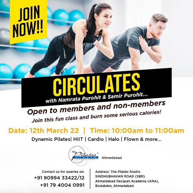 We're super excited! Introducing Circuilates - mix of Pilates and Circuit Training at @thepilatesstudioahmedabad - SBR with @namratapurohit & @samir.purohit on the 12th of March'22. 
TRAIN SMART AND STAY FIT for members & non members.
.
.
Dm us for details
www.pilatesaltitude.com .
.
. 
#Pilates #PilatesCommunity #Fitness #FitnessEnthusiasts #HealthTips #EatHealthy #Stretch #WorkOut #ThePilatesStudio #Graceful #Relax #FitnessMotivation #InstaFit #saturday #FitnessStudio #Fitspo 
#ThePilatesStudio #Strength  #PilatesGirl  #Workout #WorkoutMotivation #fitness  #india #igers